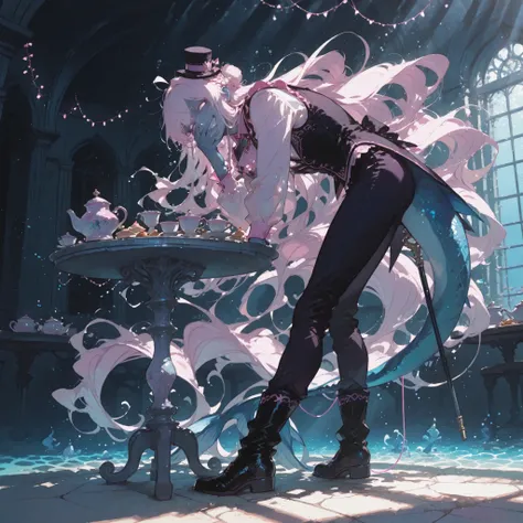 face, closeup, foreshortening, leaning forward, laughing, standing, cruel smirk, hand over mouth, closed off posture, looking at viewer, from side, 1 ((man)), naiad, (((no pupils,))) (absurdly long wavy white hair), fanged bangs, crown braid, braided bun, ...