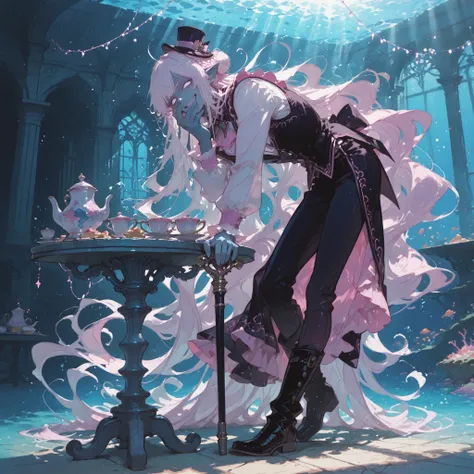 face, closeup, foreshortening, leaning forward, laughing, standing, cruel smirk, hand over mouth, closed off posture, looking at viewer, from side, 1 ((man)), naiad, (((no pupils,))) (absurdly long wavy white hair), fanged bangs, crown braid, braided bun, ...