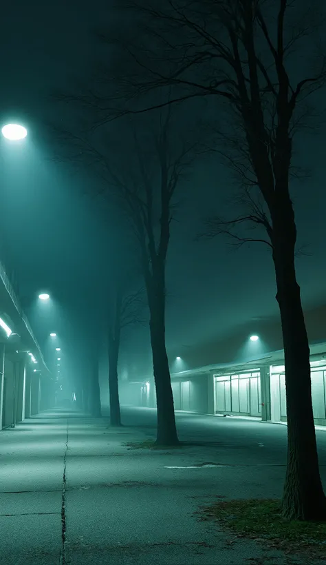 A dark empty Shopping Mall parking lot, trees, surreal lighting, liminal, wind, dark Hospital background, hyper realistic, high detail, masterpiece.
