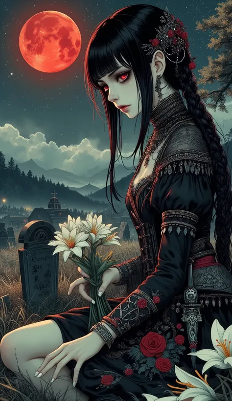 (A fusion of Ukiyo-e and dark fantasy. Aesthetic and gothic digital art. Illustrations are drawn from a bird's eye view from above.) BREAK (Jet black hair. Blunt bangs. Black eyebrows. Long black eyelashes. Almond-shaped eyes. Glowing red eyes. Dark, thick...