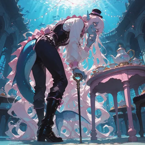 face, ((closeup)), isometric perspective, from below, foreshortening, leaning forward, laughing, standing, cruel smirk, hand on own mouth, closed off posture, looking at viewer, from side, 1 ((man)), naiad, (((no pupils,))) (absurdly long wavy white hair),...