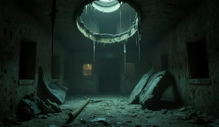 Abandoned asylum interior, decayed and eerie, horror movie style, flickering lights, unsettling ambiance.