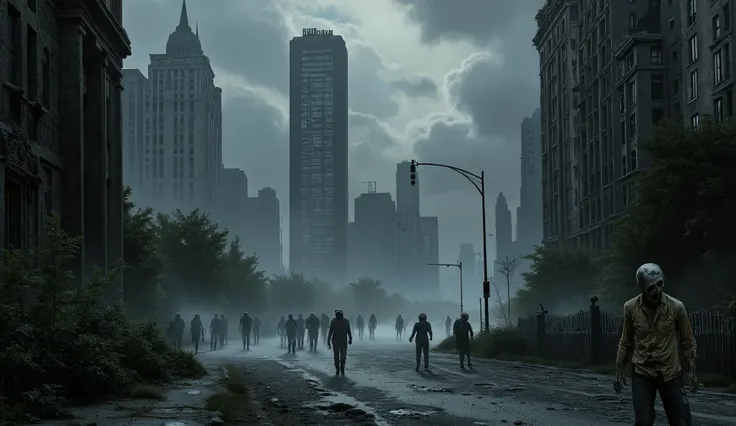 Zombie apocalypse cityscape, post-apocalyptic style, ruined buildings, desolate streets, ominous sky.