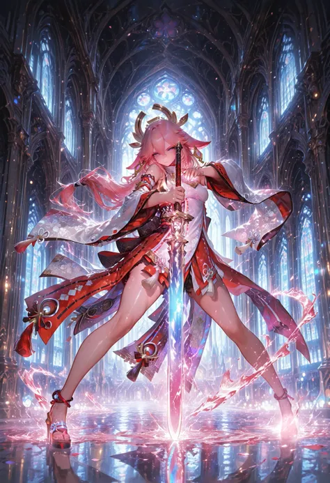 masterpiece, newest, absurdres, best quality, hires, 1girl, Yae Miko \(genshin impact\), hold glowing sword, armed, dynamic pose, slash sword, iridescent cloth, gorgeous cathedral, global illumination, indirect illumination, bokeh, soft focus, dof, shiny,
