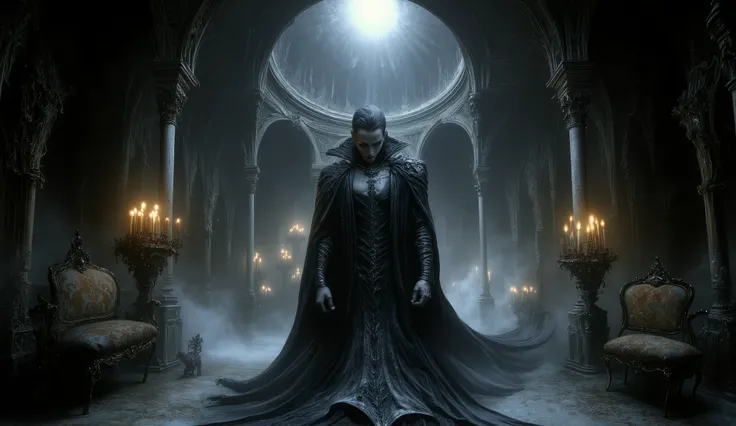 Vampire in a gothic castle, dark romance style, elegant yet menacing, candlelit ambiance.