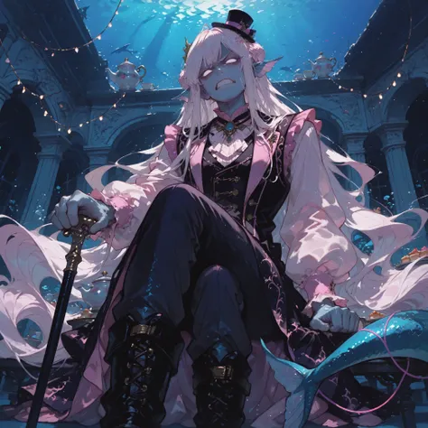 (((face, closeup, portrait))), from below, dramatic head tilt, clenched hand, furious expression, anger vein, clenched teeth, (((scowl,))) looking at viewer,1 ((man)), naiad, (((no pupils,))) (absurdly long wavy white hair), fanged bangs, crown braid, brai...