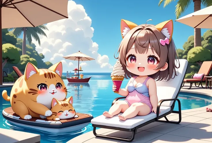 chibi-anime, intricated illustration, dramatic scene, shadow, (chibi), there are 1 girl\(chibi, famous Japanese chibi idol girl, very beautiful and cute but cool face, wearing a cute pastel colored rash guard for jet skiing, medium breasts\) and cute giant fat cat\(adorable giant cat but little chubby, cute, big, tall, showing paws, detailed, adorable, detailed adorable smiled eyes\), the girl is at the luxurious resort poolside, she is sitting on the elegant reclining chair under a parasol, she is holding a large soft-serve ice cream, joyful expression, three-tiered snack stand with fancy treats, vibrant drinks on a stylish side table, tropical ambiance, whimsical scene, adorable chubby cat family onboard a miniature luxury cruise ship on the pool, cats enjoying a pool cruise, playful and surreal atmosphere,