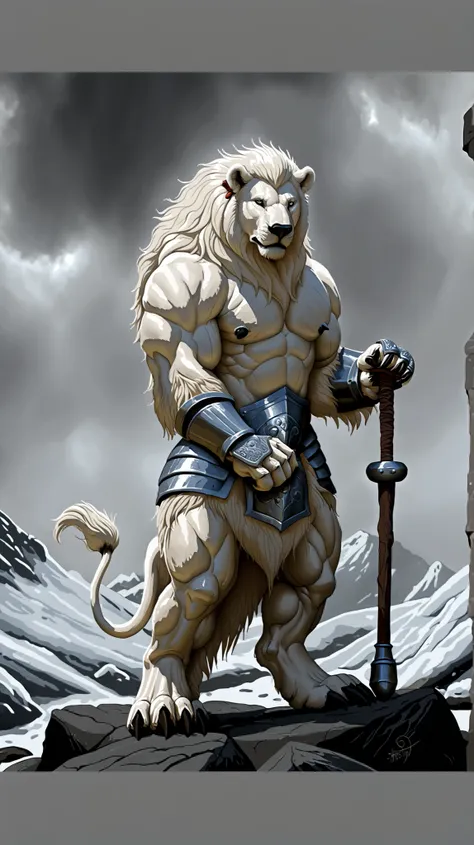 1 realistic hybrid creature male of a man, (He is inspired by the character from the cartoon "invincible" battle beast), a polar bear and an albino lion, He stands with an imposing posture, covered in parts of a colossal medieval armor, her body is strong ...