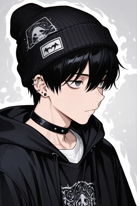 1boy, male focus, gothic male, black hair, piercings, beanie, masterpiece, best quality,absurdres , digital art style, drawn aesthetic, concept painting, ultrahigh definition,masterpiece, best quality, amazing quality, newest, very aesthetic,