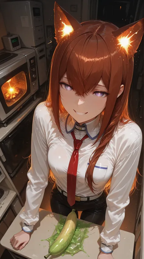 score_9, score_8_up, score_7_up, masterpiece, source_anime,1male, solo,(Steins Gate, Makise Kurisu),Wearing white shirt,red necktie,black pants,cat ears,no human’s ears ,grin ,microwave oven on the desk,in the work room ,dark orange lighting ,from above, ...