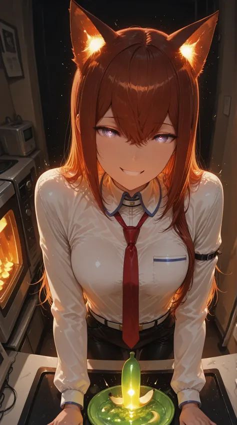 score_9, score_8_up, score_7_up, masterpiece, source_anime,1male, solo,(Steins Gate, Makise Kurisu),Wearing white shirt,red necktie,black pants,cat ears,no human’s ears ,grin ,microwave oven on the desk,in the work room ,dark orange lighting ,from above, ...