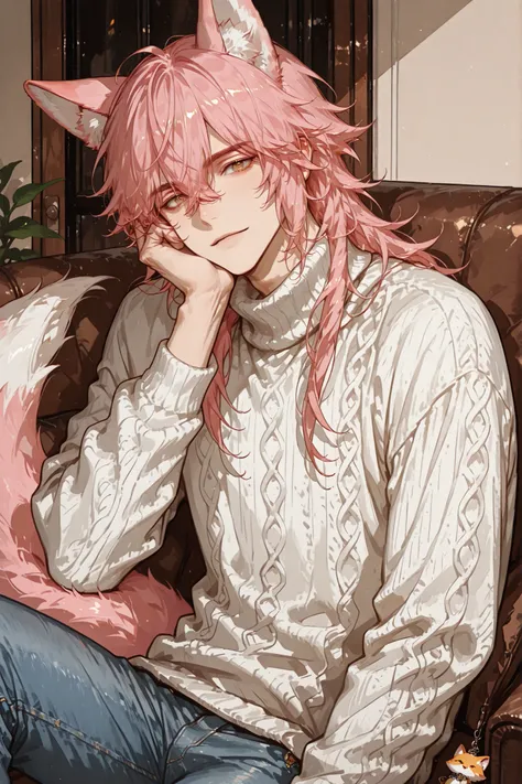 "A seductive, muscular man with long silky pink hair and masculine fox ears, sitting in a modern cozy living room. He is wearing a white turtleneck knit sweater and jeans, fully dressed with no exposed chest. His expression is confident and alluring, with ...