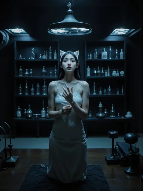 detailed hands, Inside a dimly lit scientific laboratory, a humanoid figure with cat ears sits within a large glass flask. The figure has a female appearance and wears only a sheer piece of fabric draped around her body. The flask contains clear liquid and...