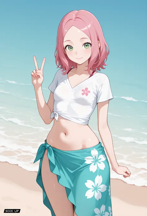 Sakura Haruno. small breasts, huge hips, pink hair, medium hair, light green eyes, thin lips, very fair skin, big forehead. | score_9, score_8_up, score_7_up, rating_safe, the beach, ideal cute face, looking at viewer, cute smile, wearing oversized v-neck ...