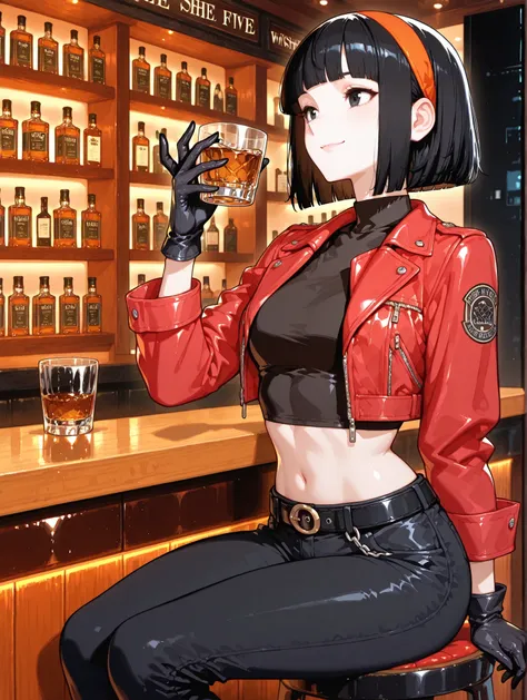 One girl、masterpiece、top quality、32k、masterpiece、full five fingers, short hair, bangs, black hair, gloves, navel, jacket, hairband, open clothes, black gloves, midriff, belt, pants, blunt bangs, black eyes, crop top, black shirt, red jacket, cropped jacket...