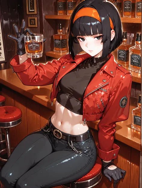 One girl、masterpiece、top quality、uncensored、32k、masterpiece、full five fingers, pan xeno, short hair, bangs, black hair, gloves, navel, jacket, hairband, open clothes, black gloves, midriff, belt, pants, blunt bangs, black eyes, crop top, black shirt, red j...