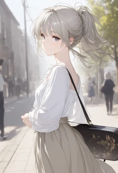 (  masterpiece, top quality, top quality,  beautiful and aesthetic:1.2), (1 :1.3), (fractal art:1.3),gray hair、blank stare,ponytail,white blouse over camisole,Walk with a violin case on your back、Long Skirt,Street、street tree,blurry background,turning to t...