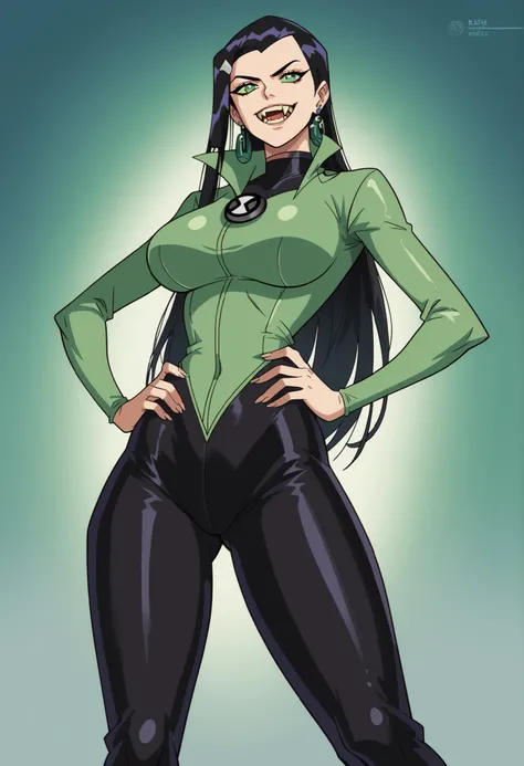 GOOD, mature woman,1 girl,Alone,earrings, black hair, long hair,green eyes, huge breasts,bodysuit, green suit, pants, long pants, black pants, side opening,vaquero disparó, hands on hips , Looking at the viewer,smile,Interiors, 2fangs, ben10, fangs, perfec...