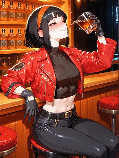 One girl、masterpiece、top quality、32k、masterpiece、full five fingers, short hair, bangs, black hair, gloves, navel, jacket, hairband, open clothes, black gloves, midriff, belt, pants, blunt bangs, black eyes, crop top, black shirt, red jacket, cropped jacket...