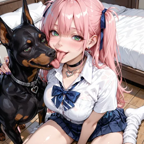 Daytime、Home Bedroom、The bedroom wall is white、 the floor is white 、sitting on the floor、one girl、white short sleeve school shirt with no pattern、nothing blue school ribbon、Nothing Blue School Skirt、black choker with heart pendant、heart shaped silver earri...