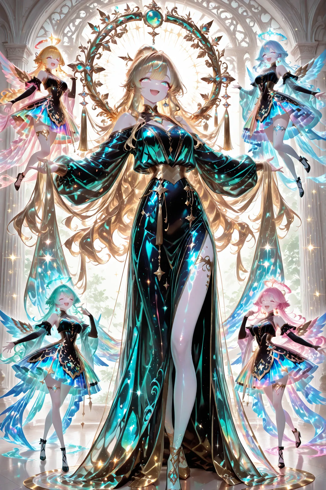 Female, shining maxi dress, long flowing skirt, skirt billows out elegantly with her spin, gorgeous, shimmering skirt overlay, long wavy gold hair in an updo, pale skin tone,laughing expression, big emerald eyes, arms held up gracefully as she turns, arms ...