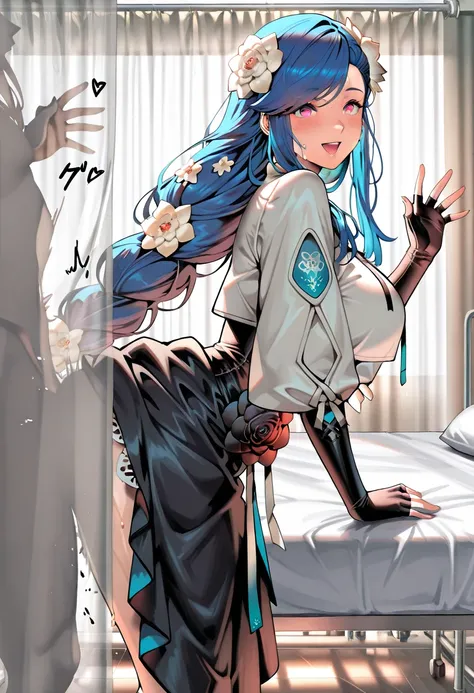 feet out of frame,intricate details, masterpiece,Best Quality, great quality, absurdres,ultra detailed,8K, volumetric lighting,,shiny,high resolution images, 1girl,, GGSTRVDZY, blue hair,long hair, hair flower, red eyes, white cropped vest, elbow gloves, fingerless gloves, black skirt, dress flower,solo focus,expressionless,wide-eyed,blush,open mouth, half closed eyes, sound effect, text, sweat, waving hands, skirt, fake smile,looking at viewer,from side,half silhouette sex,sex,standing sex,sex from behind,indoors,infirmary,curtains,