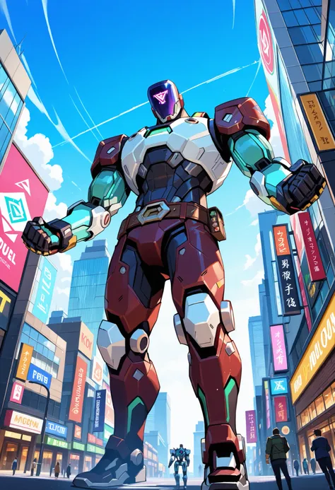 leaning, male, kayo_valorant, robot, muscular, (macro in miniscule city), low angle