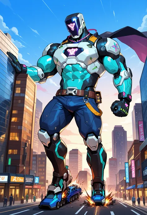 leaning, male, kayo_valorant, robot, bara, muscular, abs, pecs, biceps, (macro in miniscule city), teasing destruction, full body