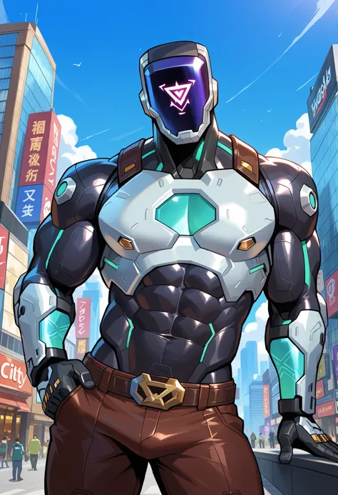 leaning, male, kayo_valorant, robot, bara, muscular, abs, pecs, biceps, attractive, handsome, seductive, alluring, inviting, sexy, (macro in miniscule city), teasing destruction