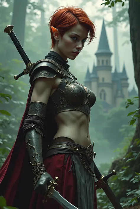 hyperrealism,maximum detail, portrait photo : изящная elfийская девушка-воин(elf,sharp ears,Thin facial features,red short hair with a hairstyle pixie,pale skin) incredibly muscular build,(broad shoulders,flat chest, , the defiant fighting pose ,holds a sk...