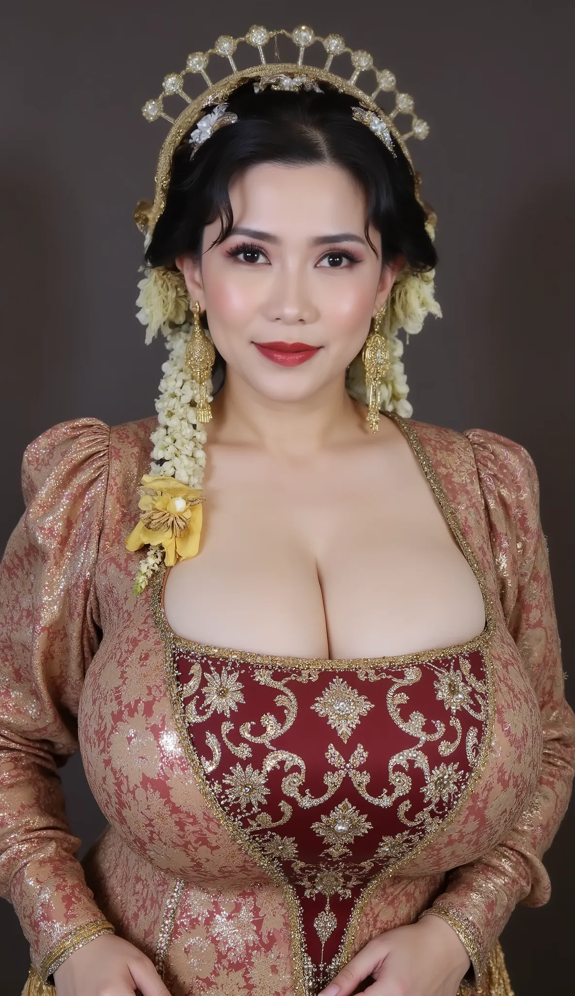 A beautiful indonesian mom 45s has sexy hot mommy mature milf plump body, dressed in traditional Javanese formal attire, She wears a wearing a random colour kebaya with random ornament , paired with a beautifully patterned batik kain in earthy tones . His ...