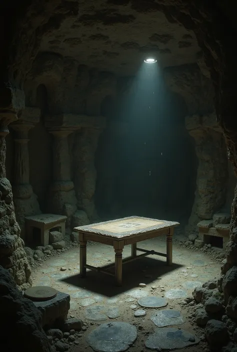 a huge dark room with an empty card table, while drips fall beneath the walls of the medieval cave.