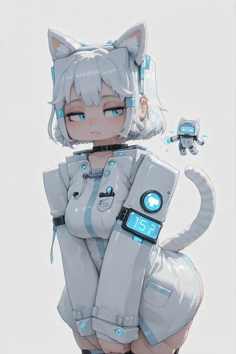 A girl with feline features (cat ears, bright eyes, and a bushy tail), wearing a scientist's lab coat that fits loosely around her lithe body, works in a futuristic laboratory illuminated by blue and white lights. Around her are vials of colored liquids, D...