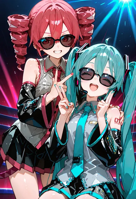  Hatsune Miku,2 girls, twintails, long hair, necktie, Removable Sleeves, gray shirt。Skirts。Stage。（/2 girls。 Teto Kasane (jitsune teto)、Red Twin Drill、necktie, Removable Sleeves, Black Shirt,Skirts）、rap battle。Hostile。Sunglasses。hand sign。2 microphones