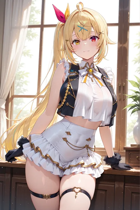solo,masterpiece,best quality, amazing quality, highres, absurdres, very aesthetic, high resolution, ultra detailed, perfect details,nijisara,large breasts,heterochromia,red eye,yellow eye,blonde hair,long hair,side ponytail,ahoge,hair ribbon,x hair ornament,nijisaracos,white shirt,frills shirt,shirt overhang,sleeveless,black vest,crop top vest,open vest,aiguillette,gold trim,white bow,yellow brooch,high-waist skirt,white skirt,frilled skirt,layered skirt,single thigh strap,fur-trimmed gloves,(masterpiece, detailed:1.2)