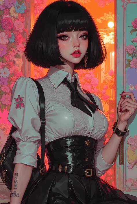 I need a surreal painting that accurately reflects the outlines of a female body, ((a body wrapped in a thin mesh tulle, adjacent to the body)), the face of an oriental beauty, an anthropomorphic girl, an ambitious, responsible and intelligent 前髪ぱっつん黒髪ショー...