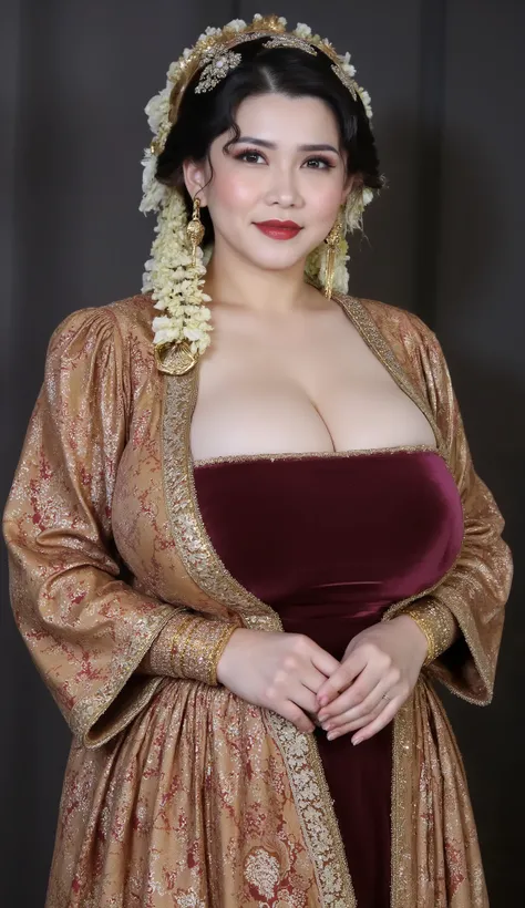 A beautiful indonesian mom 45s has plump body , dressed in traditional Javanese formal attire, She wears a wearing a brown kebaya with gold ornament , paired with a beautifully patterned batik kain in earthy tones . His outfit is completed with a gold-acce...