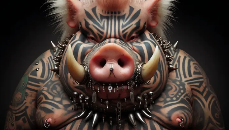 Close-up Photograph: Mythic Legions Raging Obese Albino Pig-Tattooist; Tribal Boar-Shaman; full-body piercings; arafed pig with horns and piercings on its face, body modification, heavy body modification, tribal piercing and tatoos, ultra realistic concept...