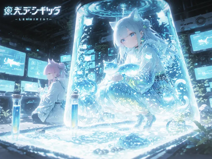 A futuristic cat ear laboratory, filled with glowing test tubes, advanced technology, and holographic blueprints of cat ears. A group of scientists—some human, some humanoid with cat ears—are working on mechanical and biological feline ear prototypes. The ...