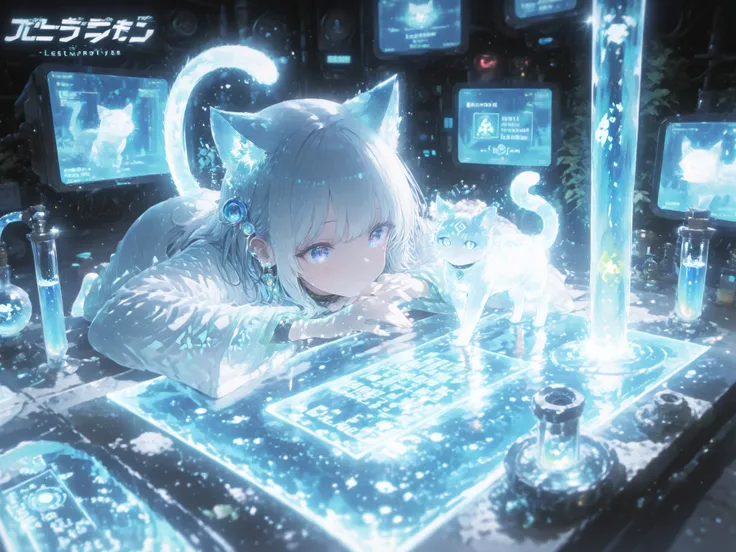 A futuristic cat ear laboratory, filled with glowing test tubes, advanced technology, and holographic blueprints of cat ears. A group of scientists—some human, some humanoid with cat ears—are working on mechanical and biological feline ear prototypes. The ...