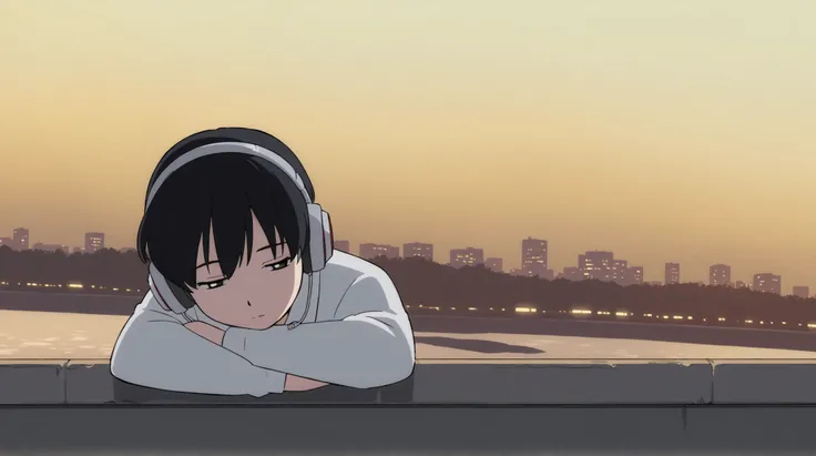 a boy leaning on a railing of a quiet bridge at night, soft city lights in the background, gentle breeze, headphones on, calm distant gaze, anime-style, lofi mood, no signage or text
