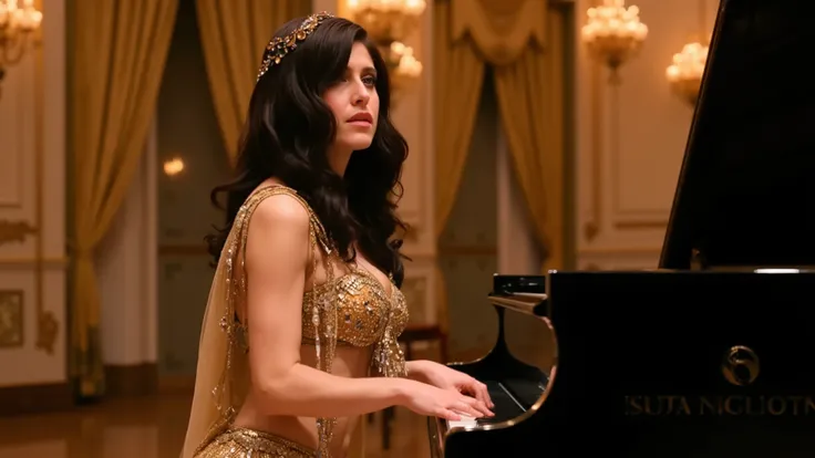 A seductive Egyptian dancer with dark, wavy hair and captivating eyes plays a grand piano within a lavish palace, the ornate interior reflecting the opulence of her surroundings. She's adorned in a shimmering golden belly dance costume, complete with intri...