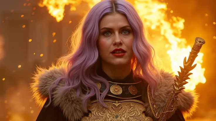 Create a cinematic, ultra-realistic portrait of a breathtakingly beautiful and powerful goddess enveloped in a radiant golden aura. She is clad in an intricate golden and black armor that exudes divine elegance and strength. Her hair is long, voluminous, a...