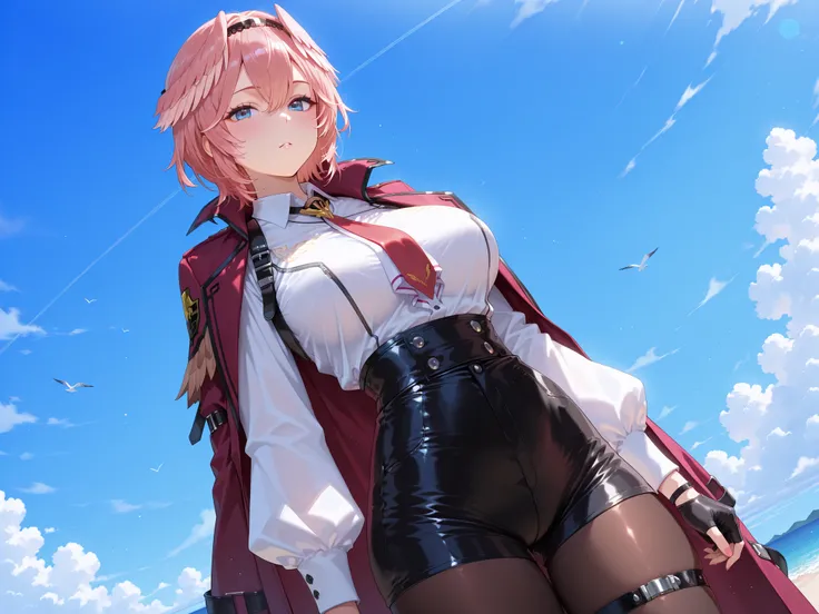 solo,masterpiece,best quality, amazing quality, highres, absurdres, very aesthetic, high resolution, ultra detailed, perfect details,luiIL,luidef, head wings, short hair, hairband, puffy long sleeves, collared shirt, high-waist shorts, red necktie, coat on...