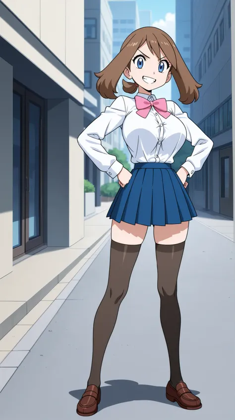 adult older sister, Tall, left hands on hips, bare hands, uniform, black knee-high stockings, Absolute region, thighs, loafers, white long sleeve button shirt, Pink bowtie, blue pleated mini skirt, ((anime screenshot, anime cong, )) SapphireBirchILXL, ((to...