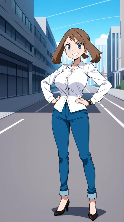 adult older sister, Tall, left hands on hips, career woman, bare hands, white long sleeve button shirt, Open the hem of a buttoned shirt, blue jeans, Black High Heels, ((anime screenshot, anime cong, )) SapphireBirchILXL, ((top quality)), ((masterpiece)), ...