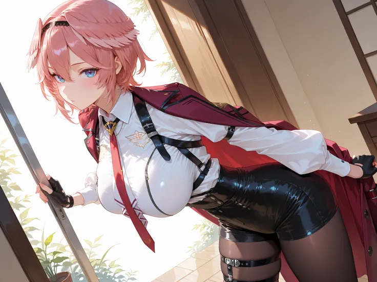 solo,masterpiece,best quality, amazing quality, highres, absurdres, very aesthetic, high resolution, ultra detailed, perfect details,luiIL,luidef, head wings, short hair, hairband, puffy long sleeves, collared shirt, high-waist shorts, red necktie, coat on...