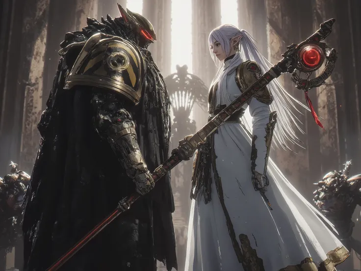 IronW40k,frieren, 1girl,(best Quality),(dynamic dutch angle:1.5), (Unparalleled Masterpiece), (IronW40k's armor) ,create upper body shot of IronW40k and Frieren from Frieren: Beyond Journey's End,(Image of Frieren and IronW40k facing each other), ,cinemati...