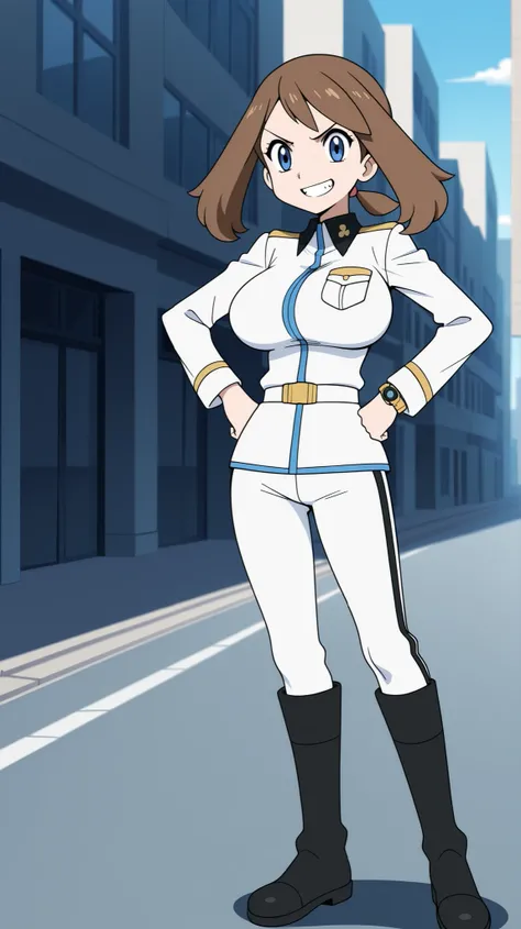 adult older sister, Tall, Pistol, left hands on hips, bare hands, white long sleeve military uniform, white military pants, black long boots, ((anime screenshot, anime cong, )) SapphireBirchILXL, ((top quality)), ((masterpiece)), ((details)), solo, 1girl, ...