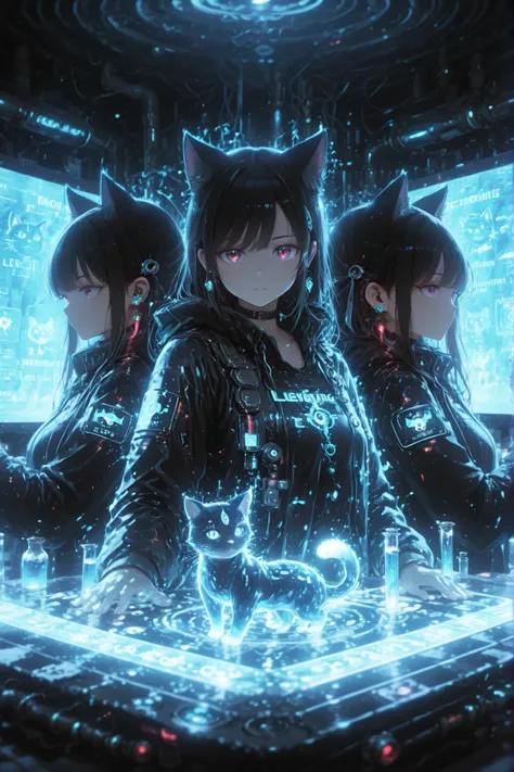 A futuristic cat ear laboratory, filled with glowing test tubes, advanced technology, and holographic blueprints of cat ears. A group of scientists—some human, some humanoid with cat ears—are working on mechanical and biological feline ear prototypes. The ...